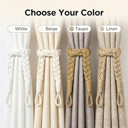 Home Queen Hand Braided Curtain Tiebacks, Buckle Holdback Drapery Curtain Tie Back, 4 Rope Cotton Belt Curtain Tie with 4 Metal Hooks, Off White - color: Off White, size: 4PC