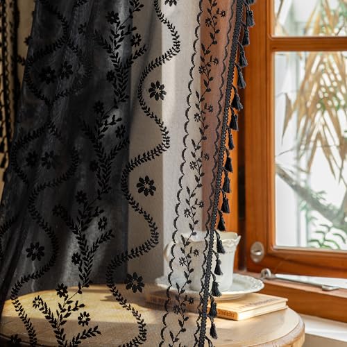 WAZZIO Boho Sheer Curtains 2 Panels,Victorian Lace Drapes,Black,W52 x L84 - color: Black, size: 52"W x 84"L (Pack of 2)