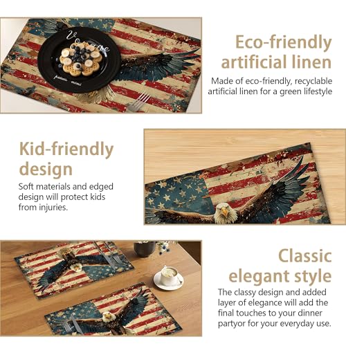 Retro American Flag Eagle Table Placemats Set of 6, Linen Placemats 12x18 Inch, Washable Non Slip Heat Resistant Mats for Dining Table Kitchen Indoor Use - color: Retro American Flag Eagle