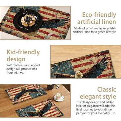 Retro American Flag Eagle Table Placemats Set of 6, Linen Placemats 12x18 Inch, Washable Non Slip Heat Resistant Mats for Dining Table Kitchen Indoor Use - color: Retro American Flag Eagle