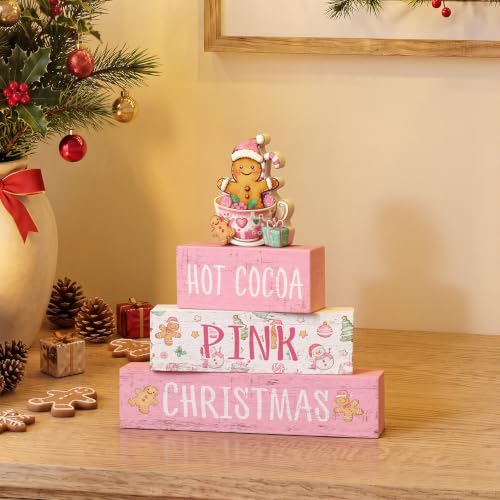 Smile 4 Wooden Christmas Signs, Hot Cocoa Pink Gingerbread Decor - style: Pink Christmas