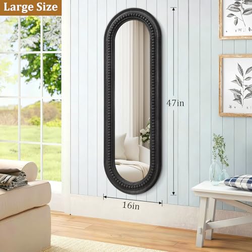 Oval Full Length Mirror with Beaded Wood Framed Black Decorative Large Wall Mirrors 47"x16" for Bedroom Bathroom Living Room Entryway Home Hanging - color: Black, size: 47"L x 16"W
