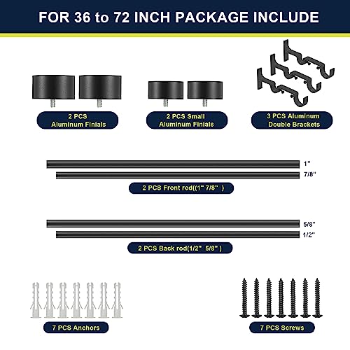 Double Curtain Rods for Windows 36-72 Inches, 1'' Front and 5/8''Back Double Drapery Rods with Premium Aluminum Brackets and End Cap Finials, Adjustable Matte Black Double Window Curtain Rod - color: Matte Black, size: 36-72"