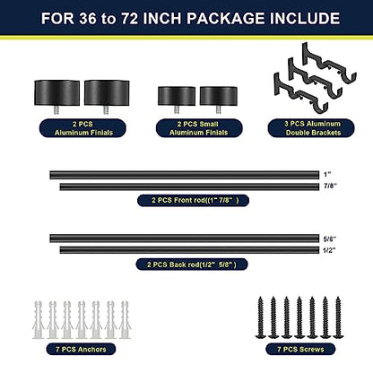Double Curtain Rods for Windows 36-72 Inches, 1'' Front and 5/8''Back Double Drapery Rods with Premium Aluminum Brackets and End Cap Finials, Adjustable Matte Black Double Window Curtain Rod - color: Matte Black, size: 36-72"