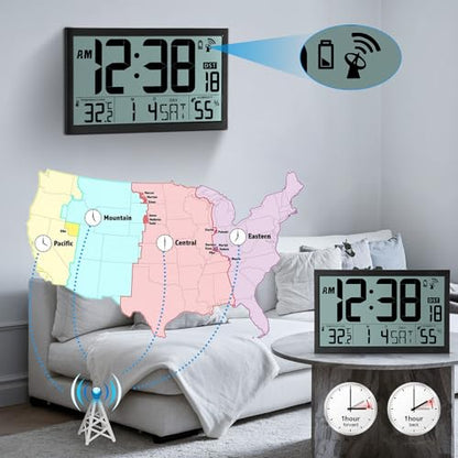 SZELAM Atomic Clock,16.7" Large Display Digital Wall Clock Battery Operated,Digital Calendar Auto Setting Desk Clocks with Indoor Temperature, Humidity,Date,Day,Auto DST for Elderly Bedroom Classroom - color: 16.7" Atomic
