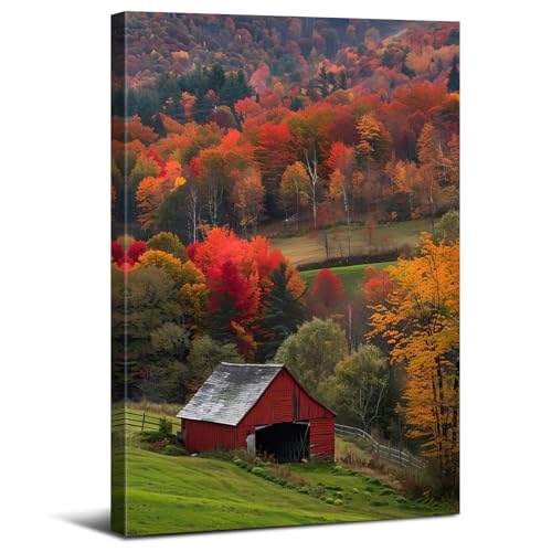 Maple Trees Canvas Wall Art Red Barn Forest Scenery Pictures Fall Mountain Grassland Scenic Paintings Wall Decor New England Landscape Posters Natural Prints Artwork for Home Decorations 12"x16" - color: Fall Landscape01, size: 16"L x 12"W