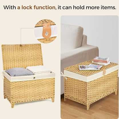 Wicker Storage Basket with Lid, 160L Shelf Basket with Removable Liner Bag - color: Natural, size: 160L