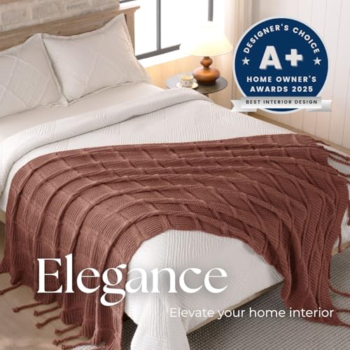 Boho Knitted Chenille Blanket with Tassels - Lightweight & Soft All-Season Throw - 3D Classic Pattern for Living Room Bedroom Couch, Clay Brown, King 90"x108" - color: Clay Brown, size: King