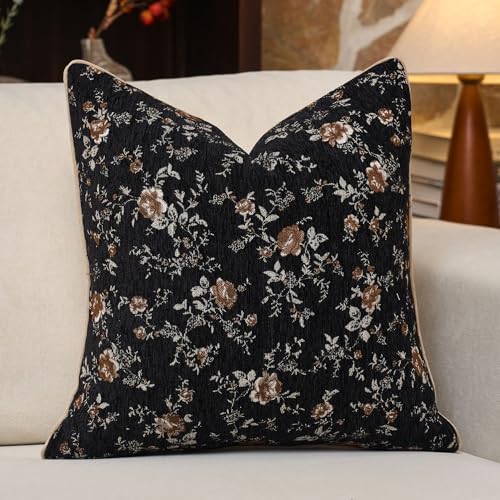 Spring Flower Throw Pillow Cover 20x20 Inches Black Vintage Floral Pillow Cover Farmhouse Summer Cushion Cover Leaf Retro Chenille Pillowcase Home Decor for Sofa Living Room Couch - color: Black, size: 20" x 20" (Pack of 1)