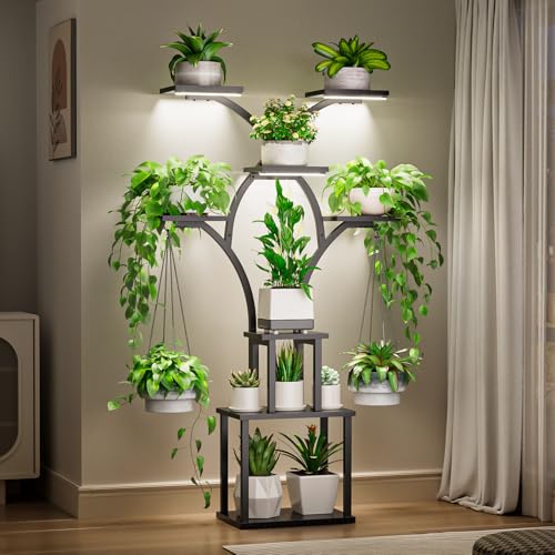 Elbourn Plant Stand Indoor with Grow Light - 8 Tiered 60" Plant Shelf - color: Black