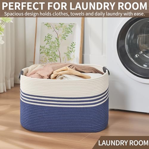 Laundry Hamper with Handles, 72L Rope Laundry Basket, Dark Blue & White - color: Dark Blue & White, size: 72L