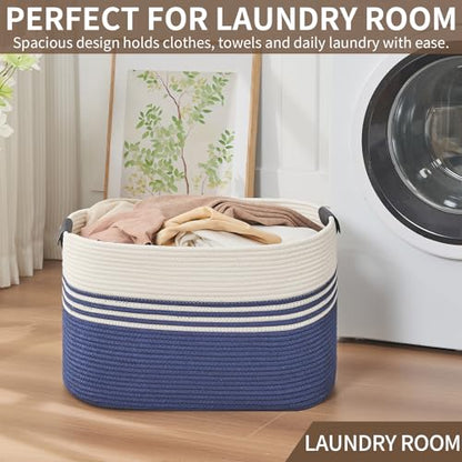 Laundry Hamper with Handles, 72L Rope Laundry Basket, Dark Blue & White - color: Dark Blue & White, size: 72L