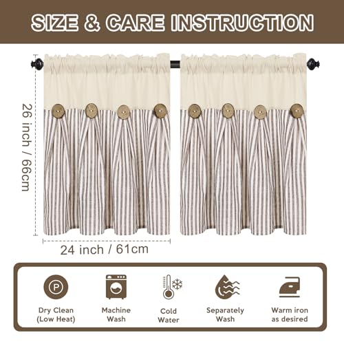 ASPMIZ Farmhouse Kitchen Curtains 24 Inch Length, Brown Stripe, 2 Panels - color: Beige&brown, size: 26"W x 24"L (Pack of 2)