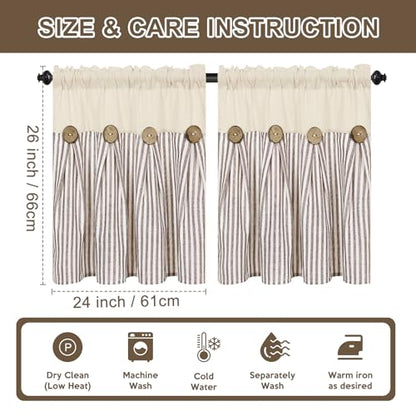ASPMIZ Farmhouse Kitchen Curtains 24 Inch Length, Brown Stripe, 2 Panels - color: Beige&brown, size: 26"W x 24"L (Pack of 2)