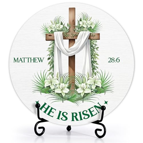 He Is Risen Wood Sign, Happy Easter Decor For Home Office Farmhouse Bedroom Shelf, Spring Floral Table Decoration For Easter Party, Religious Wooden Round Decor Gifts For Women Men Friends -36 - color: He Is Risen
