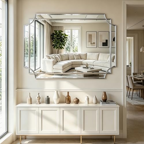 48"x31.6" Rectangle Beveled Mirror with Silver Geometric Frame - color: Silver, size: 48"L x 31.6"W