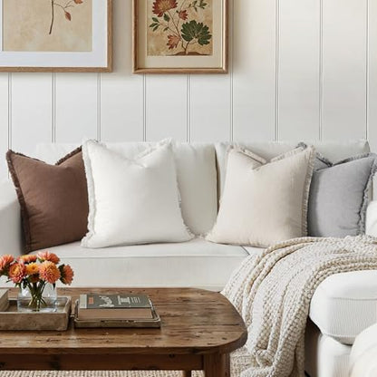 MIULEE Fall Linen Fringe Pillow Covers Set of 4 18x18 Beige/Brown/Grey - color: Neutral, size: 18" x 18" (Pack of 4)