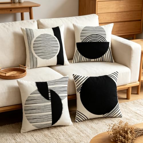 IcosaMro Boho Pillow Covers 18x18 Set of 4 Black and White Mid Century - color: Black Strip & Circle