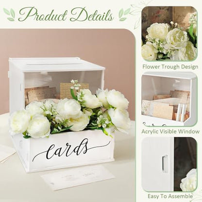 White Card Box with Slot, Wedding Card Boxes for Reception with Flower Trough, Elegant Suggestion Box for Gift Cards Envelope, Perfect for Birthday Bridal Shower Graduation Party Table Decor - style: Special