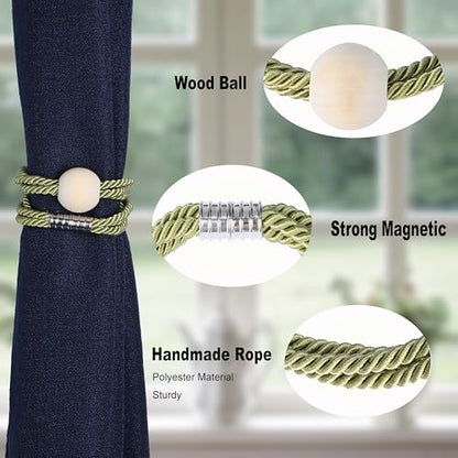 BEL AVENIR Magnetic Curtain Tiebacks, Boho Farmhouse Curtain Tie Backs - color: Green
