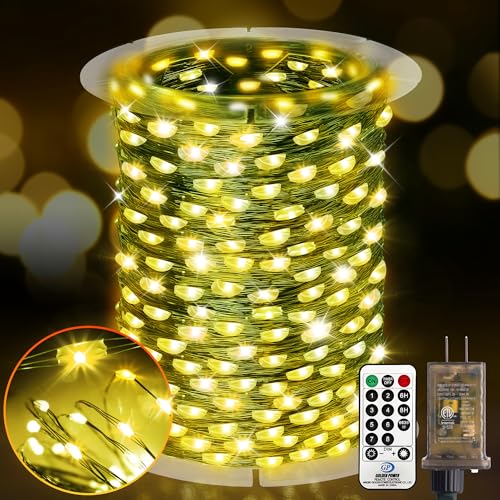 KNONEW 203FT 600LED Green Wire Outdoor Fairy Lights Plug in Warm White Xmas - color: Warm White, size: 203FT 600 LED Green Wire