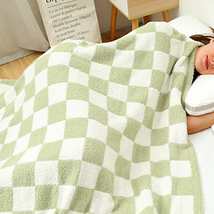 Ultra Soft Checkered Blanket Cozy Buffalo Check Throw Fluffy Knitted Reversible Throw Blanket Lightweight Fleece Checkerboard Grid Blanket for Sofa Couch Bed Travel, Sage Green, 51''x63'' - color: Sage Green