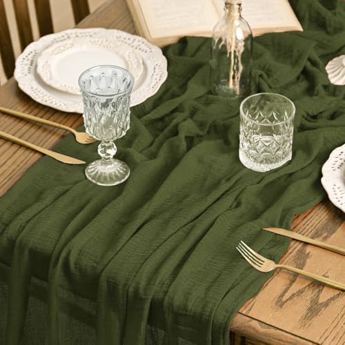 Artoid Mode Boho Cheesecloth Gauze Olive Green Wedding Table Runner, 120 Inch Seasonal Fabric Kitchen Dining Holiday Table Decor for Home Party Indoor - color: Olive Green, size: 120"