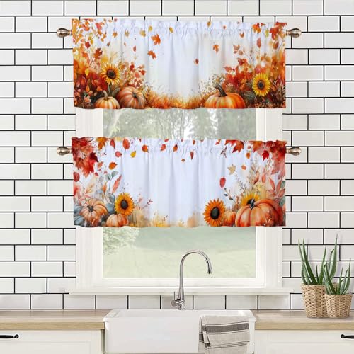 Fall Pumpkins Kitchen Curtain Valance 2 Pack Thanksgiving Maple Leaves Sunflowers Window Valance for Living Room Bathroom Bedroom Window Treatment Valances 54x18 inch - color: Fall Pumpkins