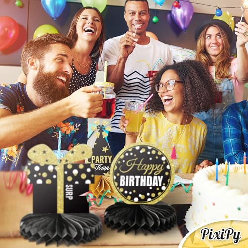 Happy Birthday Table Decoration Centerpieces - 8 Pieces, Black & Gold - Double-Sided Happy Birthday Centerpieces for Tables - Party Supplies for Elegant Birthday Decorations - by PixiPy - style: Black & Gold (Pack of 8)