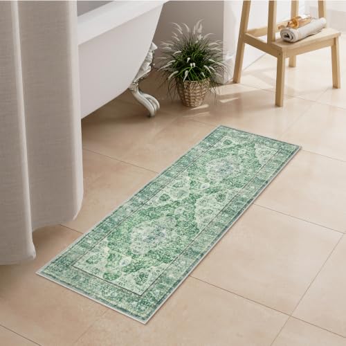 Uphome Green Bathroom Rugs, Distressed Farmhouse Boho Bath Mat, Non Slip Washable Soft Velvet Bath Mats for Bathroom Floor, Vintage Traditonal Bath Runner for Bathtub Sink Shower, 18x47 inch - color: Green, size: 18 x 47 inch (Rectangular)