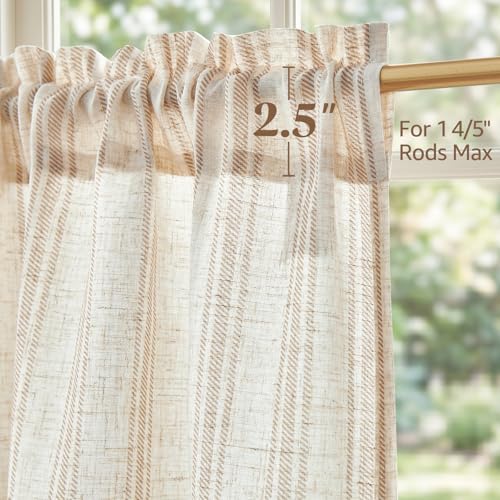 jinchan Linen Striped Tier Curtains for Kitchen Windows Farmhouse - color: Striped Tan | on Beige, size: 26"W x 24"L (Pack of 2)