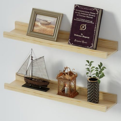 SAUMONIERES Picture Ledge Shelf Floating Book Shelves Set of 2 Wall Mounted Solid Wood for Bedroom Bathroom Living Room Kitchen, 24 Inch Natural - color: Natural-unstained, size: 24 inch