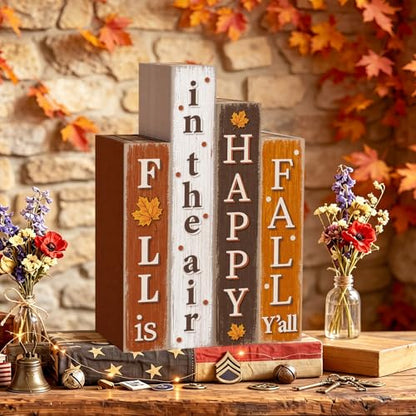 Xuhal 4 Pcs Wooden Fall Decorations Rustic Farmhouse Book Stack for Home - style: Fall