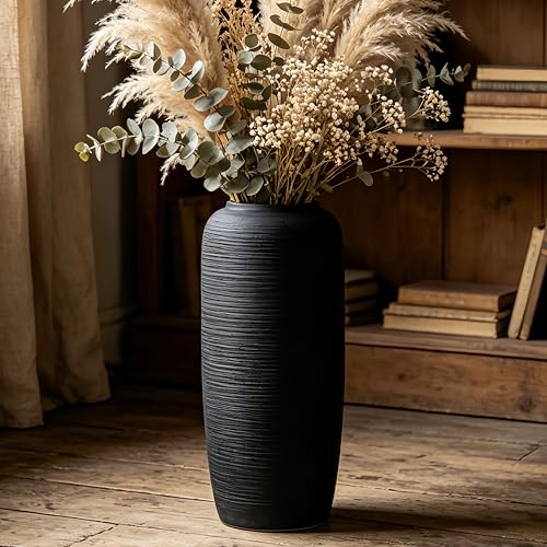 Black Rustic Ceramic Floor Vase, 15.7 Inch, Ribbed Texture - size: 15.7 Inch