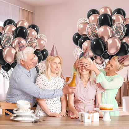 60pcs Rose Gold and Black Balloons 12inch with Rose Gold Confetti Balloons - color: Rose Gold Black