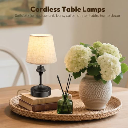 NIORSUN Portables Cordless Table Lamp Set of 2,10.2" Flaxen Fabric Shade Battery Operated Lamp,5200mAh Bedside Table Lamp with Warm White,3 Way Dimmable Touch Desk Lamp for Living Room (Black) - size: 2Pack-10.2in