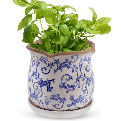 Ceramic-Planters-for-Indoor-Plants with Saucer, 6 inch Vintage Ice Crackle Glaze Plant Pots with Drainage Holes, Decorative Flower Pots for Outdoor Garden Home Decor, Tuscan Pot for Plant - color: Blue Floral Vine