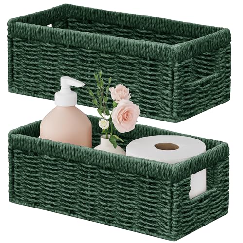 Vagusicc Wicker Storage Basket, Set of 2 Hand Woven Wicker Baskets for Organizing with Handles, Decorative Small Storage Bins for Countertop Toilet Paper Basket for Toilet Tank Top, Shelves, Green - color: Green, size: Small