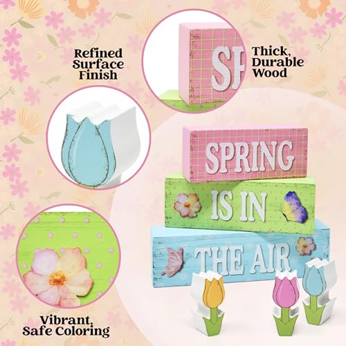 6 Pcs Spring Table Decorations Tulip Flower Wooden Block Signs Tabletop Centerpieces Farmhouse Distressed Easter Decor for Home Kitchen Shelf Tiered Tray Decor