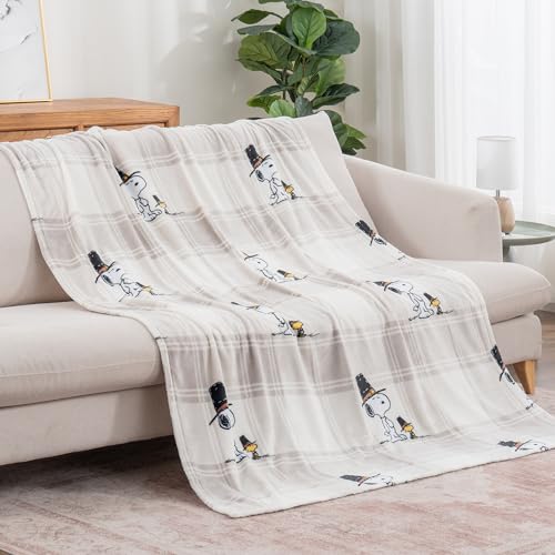 Berkshire Blanket Peanuts® VelvetLoft® Cute Character Snoopy Plush Throw Blanket,Lakeside Plaid Harvest Snoopy and Woodstock Grey,Throw 55 in x 70 in (Official Peanuts® Product) - color: Lakeside Plaid Harvest Snoopy and Woodstock Grey, size: Throw (55 in
