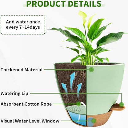 12/10/9/8 inch Self Watering Pots with Visual Water Window, Extra Large Self Watering Plant Pot with Drainage Holes and Saucers, Green Flower Pots for Indoor Plants - color: Green