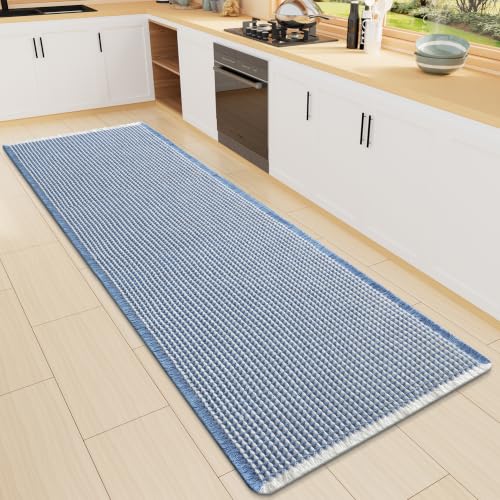 Smiry Waffle Bath Mat 47X16, Soft Absorbent Bathroom Rugs, Blue & Cream - color: Blue & Cream, size: 47'' X 16''