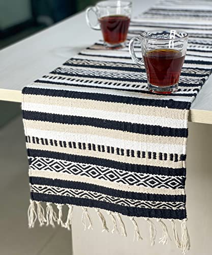 CHARDIN HOME Black, Cream, White Boho Table Runner | Cotton Farmhouse Table Linen 13x90 Inches| Machine Washable, Durable and Easy to Combine - color: Ivory-black, size: 13x90 Inch.