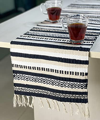 CHARDIN HOME Black, Cream, White Boho Table Runner | Cotton Farmhouse Table Linen 13x90 Inches| Machine Washable, Durable and Easy to Combine - color: Ivory-black, size: 13x90 Inch.