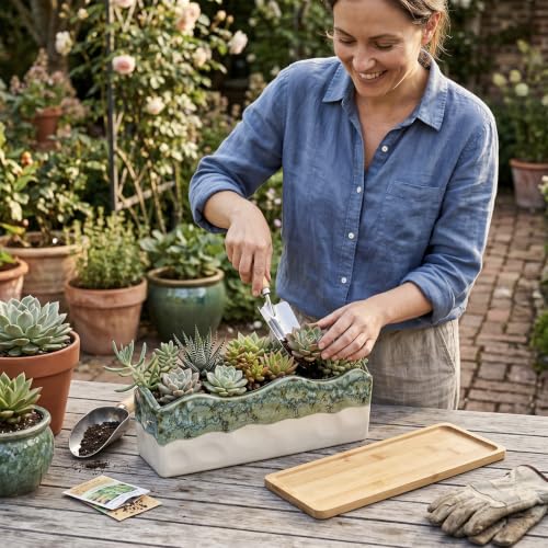 MyGift 13 Inch Rectangular Seafoam Green Glazed Ceramic Succulent Planter - size: 13 Inch