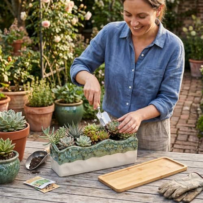 MyGift 13 Inch Rectangular Seafoam Green Glazed Ceramic Succulent Planter - size: 13 Inch