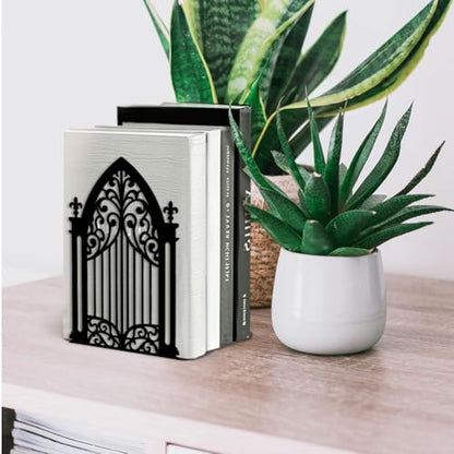 Peacoblue 5.3"x4.3"x7.3" Metal Bookends, Heavy Duty Book Ends for Shelves - style: Gothic Gate