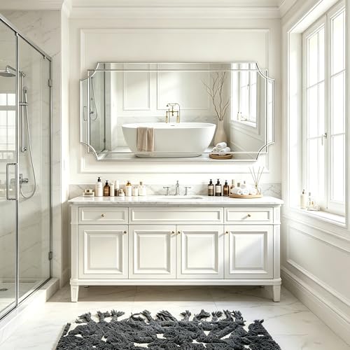 59"x30" Large Geometric Beveled Mirror with Silver Wood Frame - color: Silver, size: 59"L x 30"W