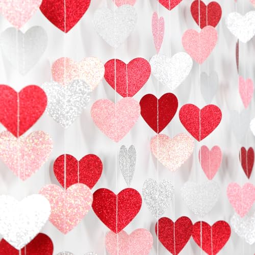 Glitter-Red Silver-Pink Valentines Party-Decorations Heart-Garland - 52ft Galentines Women Streamers Banner,Romantic Special Night Wedding Bachelorette Bridal Shower Birthday Backdrop Decor Burgleda - color: Glitter Red Silver Pink