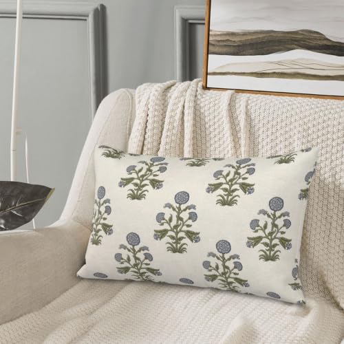 CXMEIFLY Sage Green Blue Vintage Pillow Covers 12 x 20 Inch Set of 2 Boho Floral Outdoor Decor Throw Pillows Neutral Block Print Flower Linen Farmhouse Decorative Pillowcases for Couch Bed Sofa - color: Green Blue, size: 20" x 12" (Pack of 2)